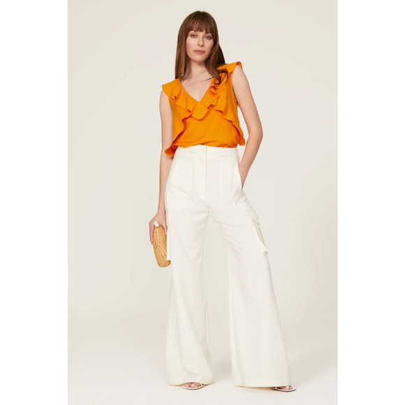 Marissa Webb Ditsy Ruffle Crop Top Sleeveless V-Neck Linen Blend Marigold Size 4 - Picture 2 of 7